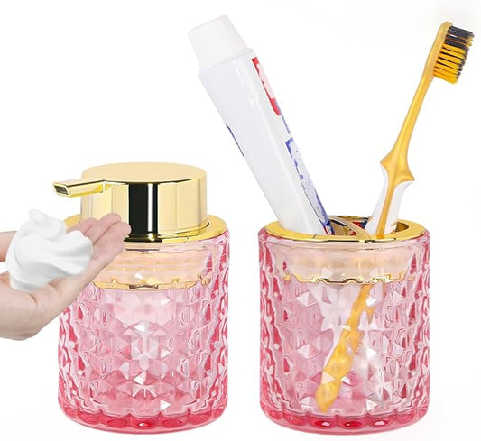 Pink Bathroom Accessories Set,2pcs Glass Bathroom Accessory Set with Foam Soap Dispenser and Toothbrush Holder,Gold Soap and Toothbrush Holder Sets,Perfect for Housewarming Gift,Home Decor