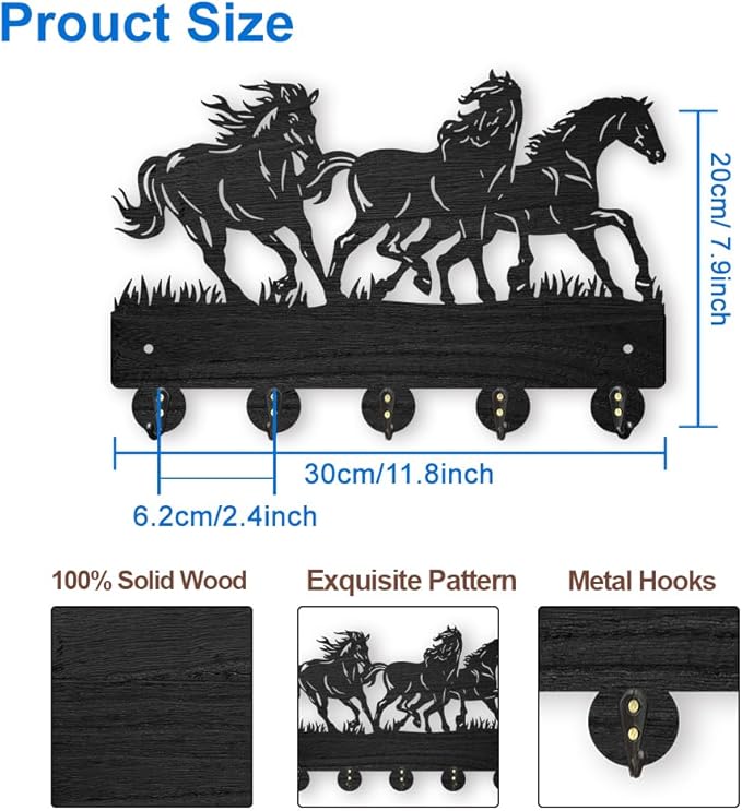 MAYJOYDIY Horse Coat Hooks Wall Mounted 11.8×7.9inch Running Horse Key Holder for Wall Wood Key Rack Hanger with 5 Alloy Hooks for Wall Art Decor Entryway Front Door Gift