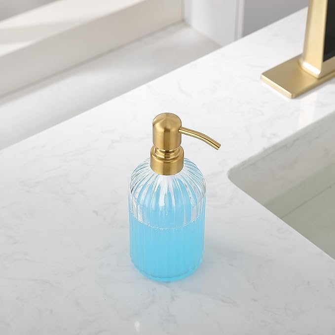 Gold Glass Soap Dispenser with Rust Proof Metal Pump, Vintage & Antique Design, 16oz Clear Glass Dish Soap Dispenser for Bathroom & Kitchen, 2 Packs