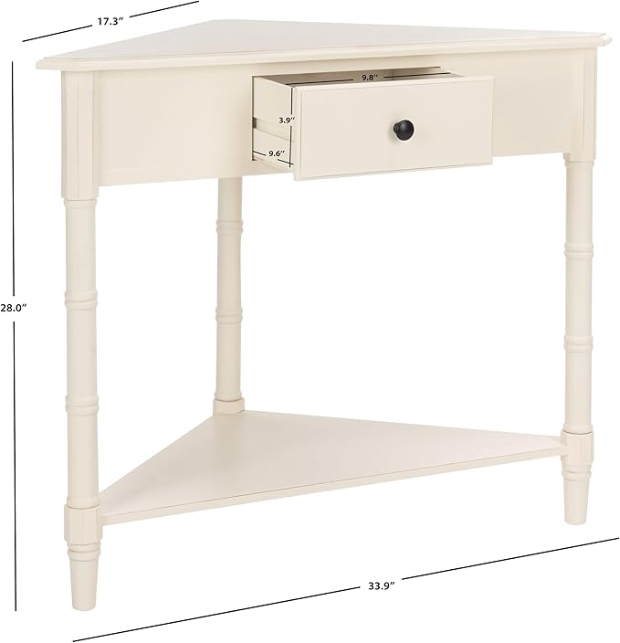 SAFAVIEH Home Collection â Gomez Distressed Cream Corner Accent Table with Drawer & Shelf, Space-Saving Triangular Design, Small Space Storage Table (AMH5709C)