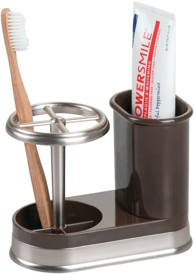 mDesign Decorative Bathroom Dental Storage Organizer Holder Stand for Electric Spin Toothbrush/Toothpaste - Compact Design for Countertop and Vanity, Holds 4 Standard Brushes - Dark Brown/Brushed