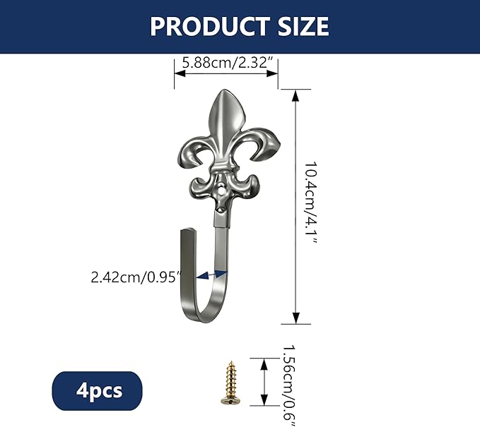4 Pack Vintage French Fleur De Lis Decorative Wall Hooks, Heavy Duty Metal Curtain Tie Backs for Hanging Coats, Towels, and Robes, Wall Mounted Hangers for Entryway & Bathroom (Silver)