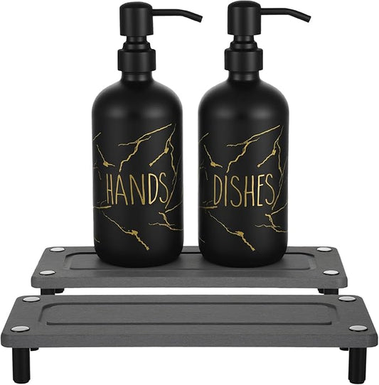Kitchen Soap Dispenser Set, 16oz Hand and Dish Soap Dispenser Set with 2 Instant Dry Trays, Stainless Steel Pump, Refillable Glass Bottle for Kitchen and Bathroom Countertop (Black)