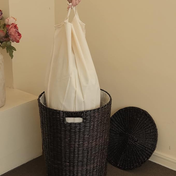 Hand-Woven Wicker Laundry Basket with Lid, 20 Gal (75 L) Large Laundry Hamper with Removable Liner for Laundry Room and Home Decor, Artisan Coffee (21"H x 15.7"D)
