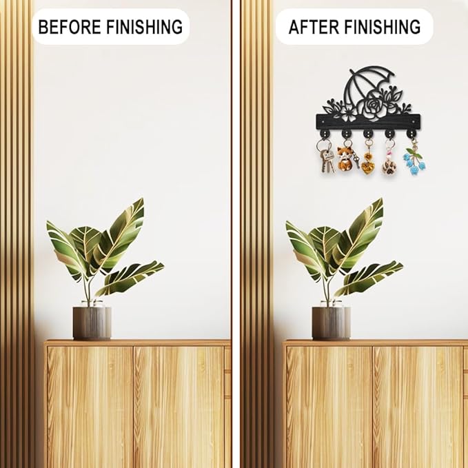 MAYJOYDIY Rose Umbrella Key Holder for Wall Flower Leaves Wall Mounted Key Hooks 11.8×7.9inch Wood Key Hanger Rack with 5 Alloy Hooks for Entryway Front Door Kitchen Office Decoration