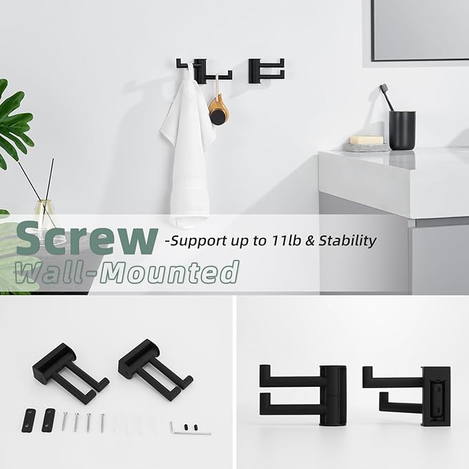 Matte Black Rotating Double Towel Hooks 2 Pack, 304 Stainless Steel Swivel Wall Hooks with 2 Arms, Space Saving Towel Hangers for Bathroom Kitchen