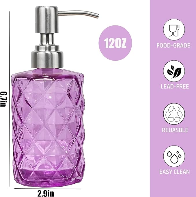 12Oz Purple Soap Dispenser Bathroom - 2 Pack, Clear Glass Hand Soap Dispensers with Stainless Steel Pump, Refillable Dish Soap Dispenser for Kitchen, Countertop Soap Dispensers
