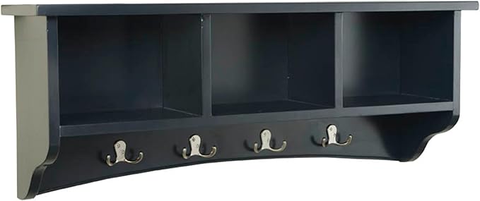 Shaker Cottage Wall-Mounted Coat Rack with 3 Storage Cubbies and 4 Coat Hooks – 36" W x 9" D x 14" H Space-Saving Entryway Organizer or Mudroom Wall Shelf by Alaterre Furniture (Charcoal Gray)