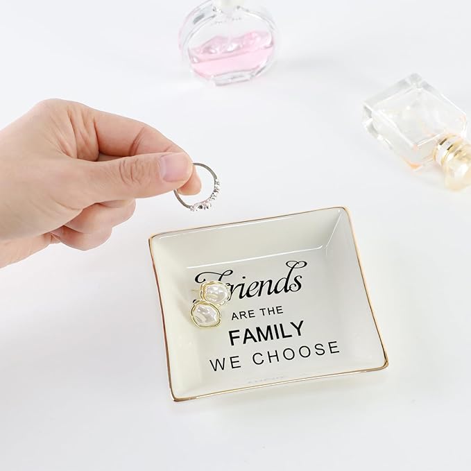 HOME SMILE Birthday Christmas Funny Gifts for Best Friend-Ceramic Ring Dish Jewelry Trayï¼Friends are Family We Choose