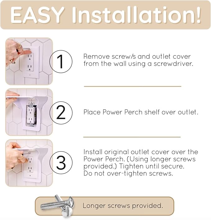 Power Perch Double Wall Outlet Shelf with Cord Storage Strap - Declutter & Reclaim Bathroom Counter Space - Alexa Stand, Apple Homepod Shelf, Toothbrush Holders Wall Mounted - White, 1-Pack
