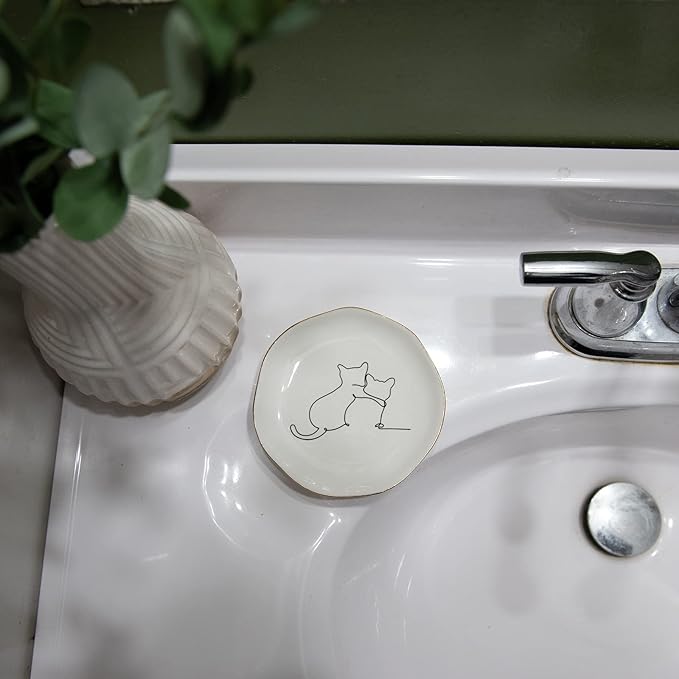 HOME SMILE Cat Ring Dish Jewelry Tray,Christmas Gifts for Cat Lovers,Ceramic White,4"