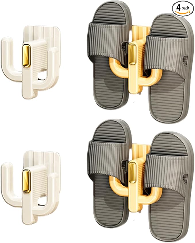 4 Pack Wall Mounted Shoe Rack - Premium Hanging Shoe Organizer Shelf with Sticky Hanging Mounts, Door Hooks for Slippers Keys Bags Storage - White & Yellow