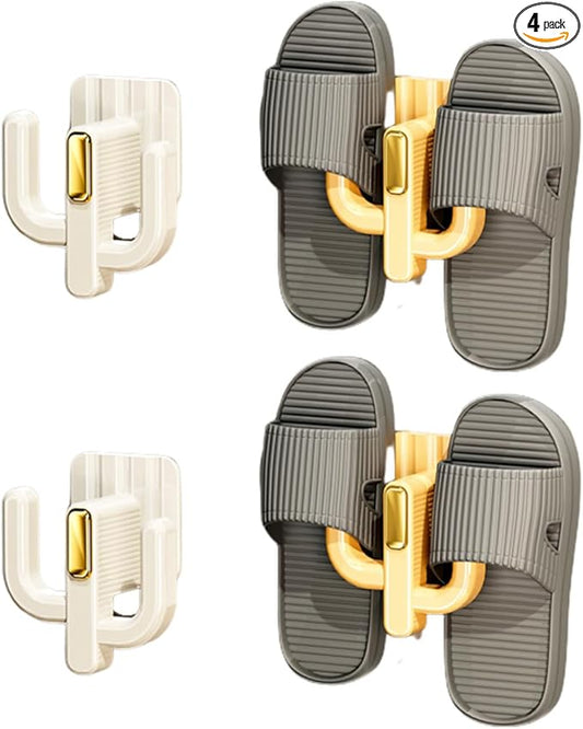 4 Pack Wall Mounted Shoe Rack - Multi-Use Hanging Organizer for Slippers, Hats, Towels & Keys, No-Drill Space-Saving Adhesive Storage for Home, Bathroom & RV, White & Yellow