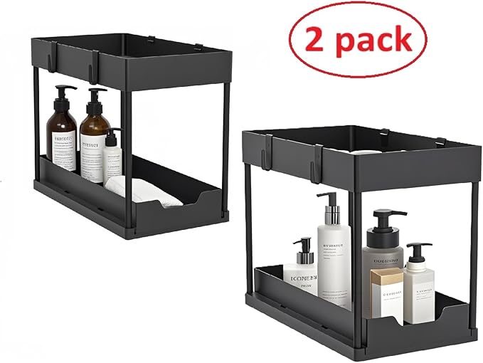 2 Pack Under Sink Organizer,Bathroom Cabinet Organizer with Sliding Basket, Multi-Purpose Under Sink Organizers and Storage for Bathroom Kitchen(Black)