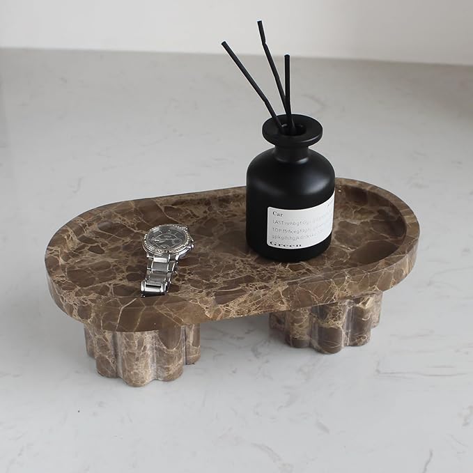 Natural Travertine Marble Oval Tray with 2 Legs, 10" Vanity Decorative Tray for Countertop Organizer, Catchall Tray for Perfume, Candles, Jewelry Dishv