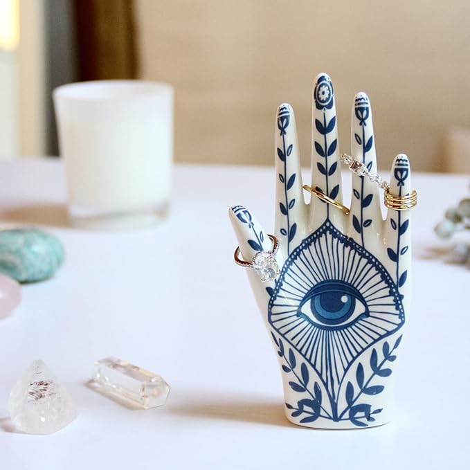 Hamsa Ring Holder organizer, aesthetic Room Decor with Blue Eye Boho style for Bathroom, Bedroom; Gifts for Women Home Decor