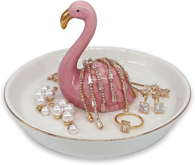 Flamingo Jewelry Holder & Ceramic Ring Dish â Pink Tropical Decor for Kitchen Sink or Vanity â Cute Engagement, Birthday, or Motherâs Day Gifts for Women & Girls â Gold-Rimmed Tray