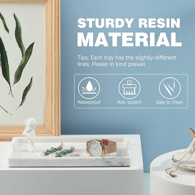 Emibele Bathroom Tray, Resin Countertop Vanity Tray Jewelry Storage Dresser Tray Kitchen Toilet Tank Tray Organizer for Candle Plant Perfume Shampoo Towel Home Decor, Medium, Marble White