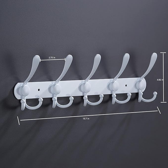 Coat Rack Wall Mounted,5 Tri Stainless Steel Coat Hook for Coat Hat Robes Towel in Mudroom Entryway (White, 2 Pack 5 Hook)