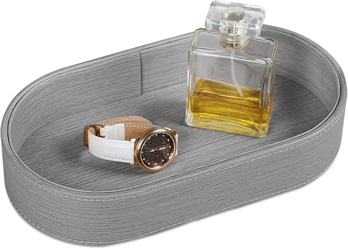 Oval Desk Valet Tray, PU Leather Perfume Dish Bowl for Keys Wallet Watch, Decorative Trinket Vanity Jewelry Tray, Entryway Nightstand Organizer Women Men (Grey)