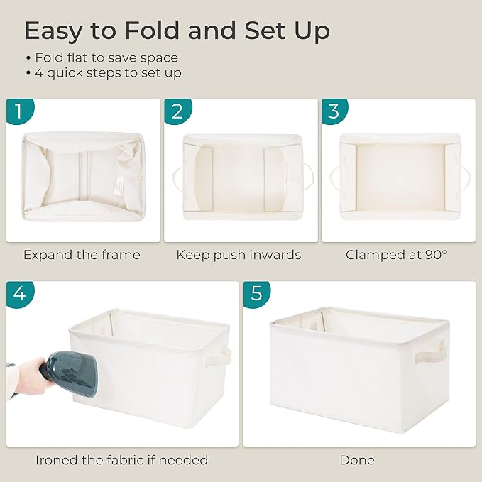 Storage Basket Bins with Metal Frame, Large Collapsible Fabric Storage Baskets for Organizing Shelf, Basket Organizer W/Handles for Blankets, Towels, Laundry, Shelves, 2-Pack, Beige