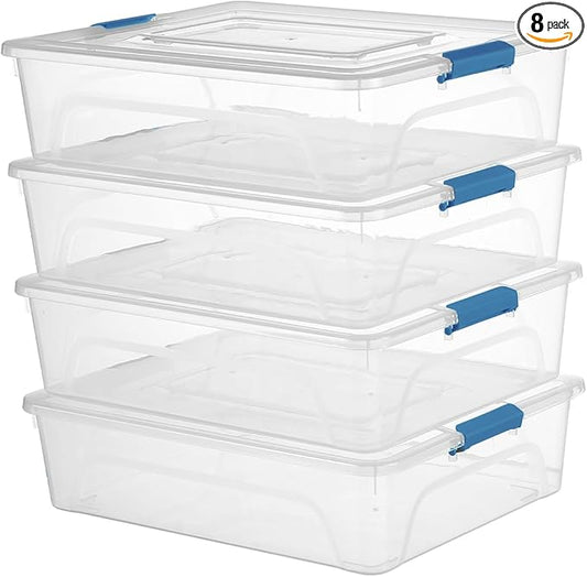 novelinks Clear Stackable Storage Bins with lid Storage Boxes Durable Plastic Organizer Containers for Home Office, Kitchen, Craft Supplies (10 Quart 4 Pack Blue)