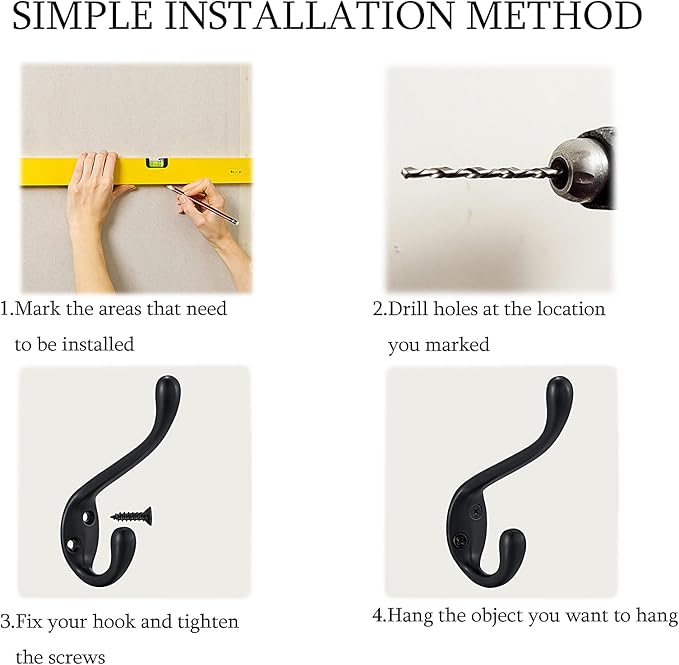 Coat Hooks 5 Pack - Heavy Duty Wall Mounted Two Prongs Double Hooks Matte Black Door Hooks for Hanging Clothes/Towels - Sturdiness Design with Better Mounting System