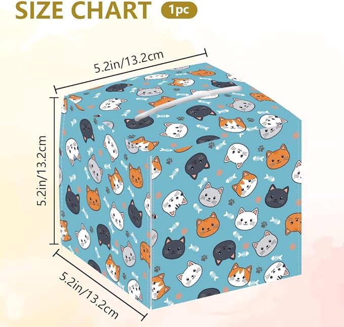 Cat Face Tissue Box Holder, Square Tissue Box Cover Foldable Tissue Storage Box Waterproof Paper Towel Case Container Organizer Cute Tissue Box Holder for Bedroom Office Bathroom Car