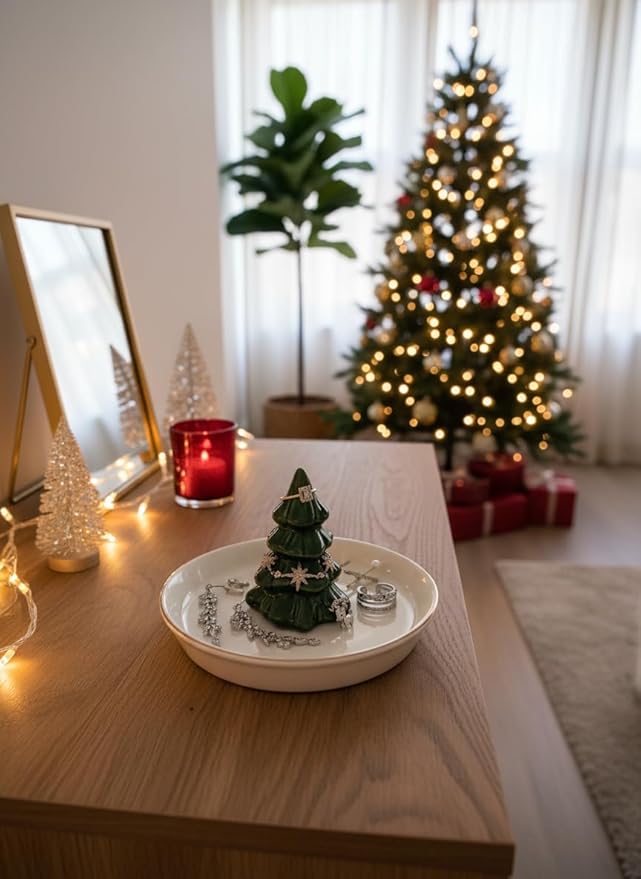 Forest Green Christmas Tree Ring Dish â Ceramic Jewelry Holder for Kitchen Sink or Vanity â Aesthetic Holiday Decor, Xmas Tree Trinket Tray, Birthday or Christmas Gifts for Women