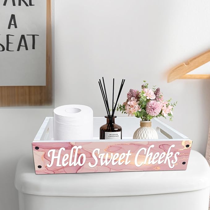 Lnond Rustic Bathroom Decor Box,Toilet Tank Tray Storage Basket, Hello Sweet Cheeks Bathroom Wooden Toilet Paper Basket with Handle (Pink Gold Marble)