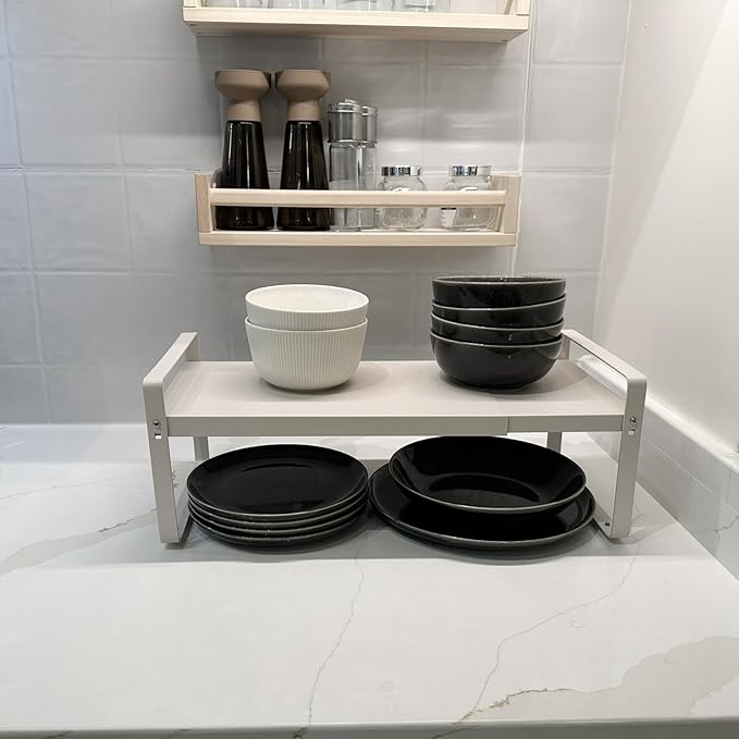 Set of 2 White Kitchen Countertop Shelves, Expandable Cabinet Shelf Organizers, Stackable Metal Pantry Storage Shelves for Spice Rack, Cupboard