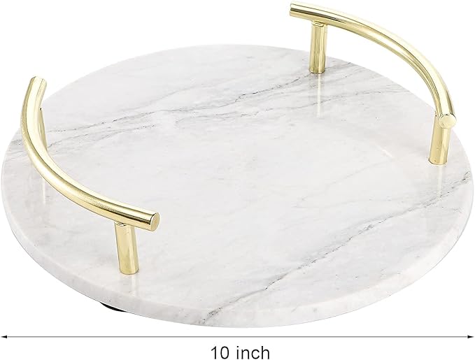 TOPZEA 10 Inch Marble Tray with Gold Handles, Round Vanity Organizer for Perfume, Jewelry, Trinket, Spa Supplies, Bathroom Countertop, Dresser Nightstand Display Tray Decor