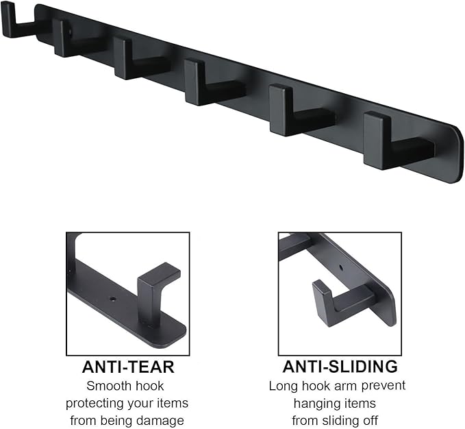 Coat Rack, Heavy Duty Stainless Steel 6 Tri Coat Hook Hanger, Wall Mounted Storage Wall Hook, Rustic Clothes Hook/Key Hook Rail for Bathroom Kitchen Entryway(6 Hook Black)