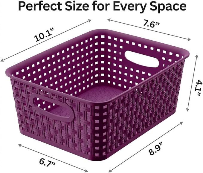 Dark Purple Organizing Baskets, Stackable Pantry Organizers and Basket Set of 12, Plastic Storage Baskets for Shelves, Classrooms, Kitchens, Laundry Room, Bathrooms and Bedrooms