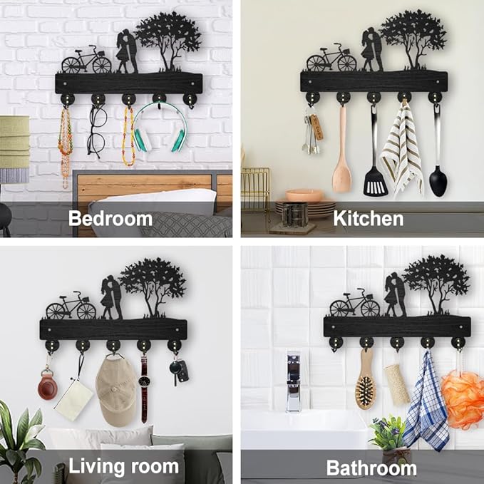 MAYJOYDIY Bicycle Couple Tree Coat Rack Wall Mount 11.8x7.9in Key Holder Decorative Wooden Coat Hanger Key Rack 5 Alloy Hooks for Valentine's Day Gift Wall Art Decor