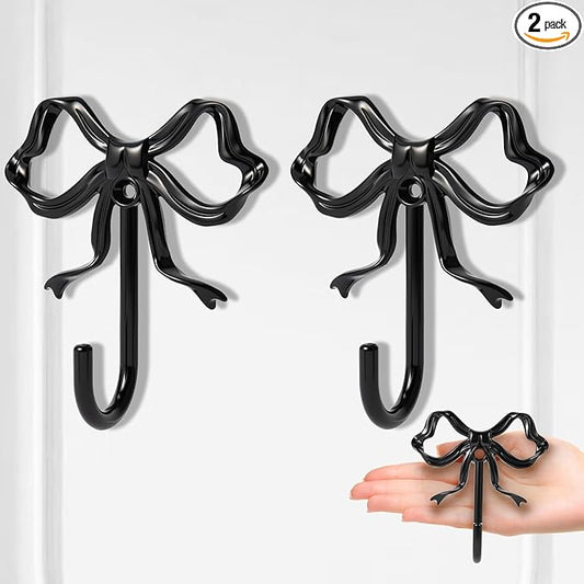2 PCS Large Size Black Bow Wall Hook, Black Coat Hook, Metal Hooks, Bow Room Decor Hooks for Coats, Coffee Mugs, Hats, Bags, Bath Towels and Room Decorations