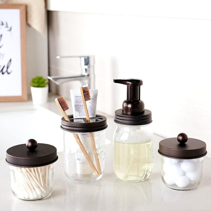 Amolliar Mason Jar Bathroom Accessories Set(4 Pack) - Foaming Soap Dispenser&Qtip Holder Set&Toothbrush Holder-Rustic Farmhouse Decor Bathroom Organizer Apothecary Jar Country Countertop (Bronze)