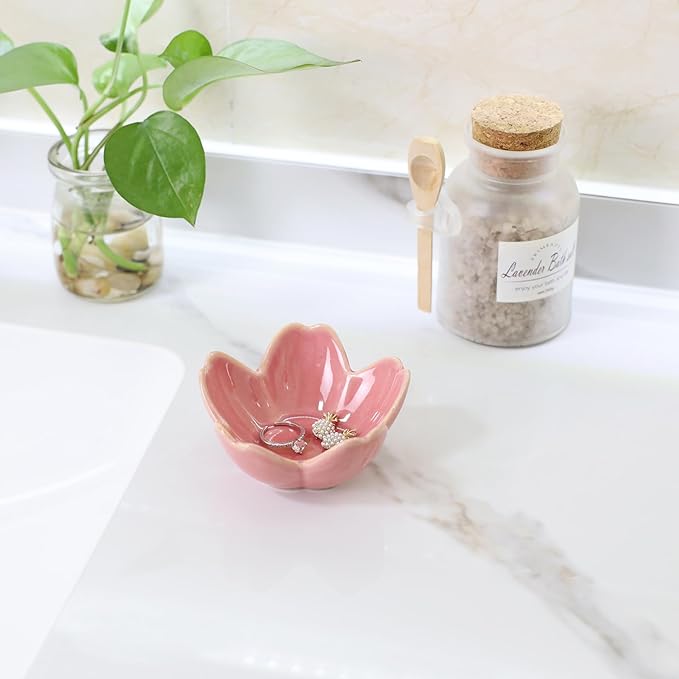 Pink Flower Ring Dish Holder,Jewelry Dish Tray,Small Trinket Tray,Jewelry Plate Bowl,Key Bowl,Decorative Plate,Birtdhay Christmas Gifts for Women Friends,Ceramic Kiln effect White
