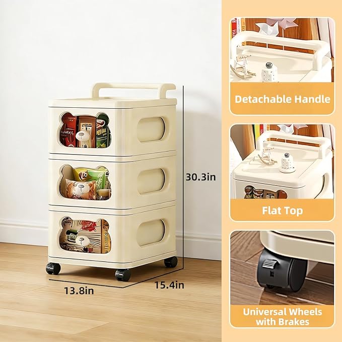 Drawer Storage Organizer, Rolling Storage Cart with 3 Drawers, Plastic Drawer Tower Organization Storage Container with Wheels for Home, Bathroom, Kitchen, Entryway, Office, Dorm