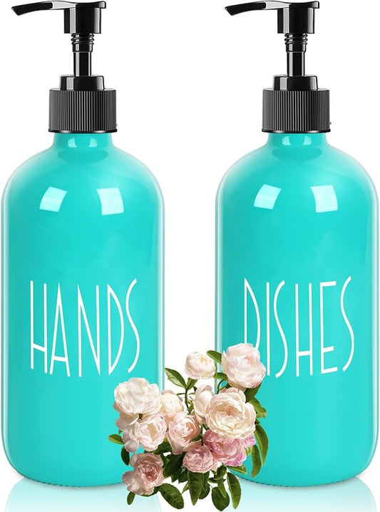 Glass Soap Dispenser with Plastic Pump for Kitchen - 16 OZ Glass Hand, Dish Soap Dispenser Set - Kitchen, Bathroom Decor and Accessories (Teal)