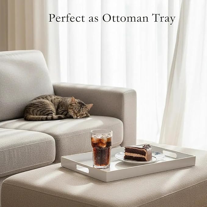 Zosenley Decorative Tray, Rectangular Plastic Tray with Handles, Modern Vanity Tray and Serving Tray for Bathroom, Kitchen, Ottoman and Coffee Table, 15.6â x 10.2â (White)