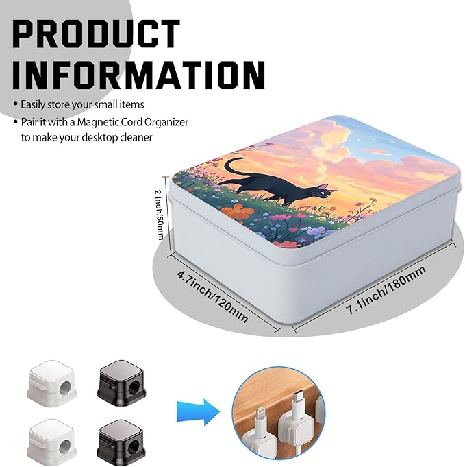 Metal Tin Box with Lid,Multi-functional Storage Large Box Can Store Tea Biscuits Game Cards, Playing & Tarot Cards-Comes with 4 Magnetic Cord Clips,Black Cat in Flower Field