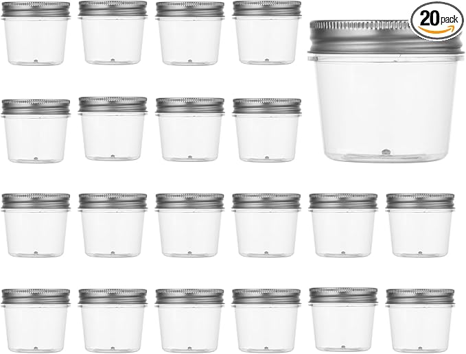 novelinks 4 oz Small Plastic Jars with Lids, 20 Pack Mini Plastic Mason Jars with Lids 4oz, Craft Storage Containers & Canning Jars & Small Spice Jars for Kitchen Organization (20 Pack,Silver)