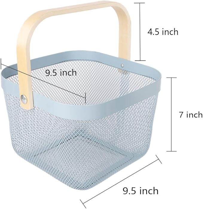 Mesh Steel Storage Organizer Basket Fruit Basket Bin with Wood Handle Ideal for Kitchen Bathroom Picnic Baskets Pantry Cabinets Storage Home Decor (Light Blue)