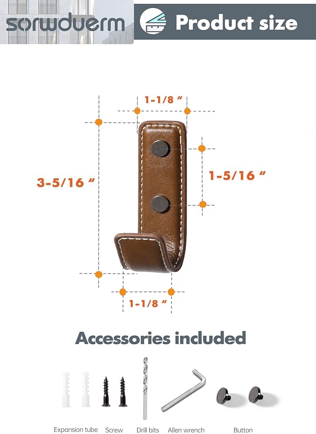 2 Pack Brown Leather Coat Hooks Wall for Hanging Rectangle Coat Hooks for Hanging Robe Towels Bags Hats Scarf Keys Clothes Suitable for Bedroom, Entryway and Closet