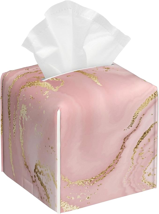 Pink Marble Tissue Box Cover Square,Tissue Box Holder with Belt Bottom,Stylish Leather Napkin Holder for Vanity Countertop,Nightstands,Office Desk,5.2"Ã5.2"Ã5.2"
