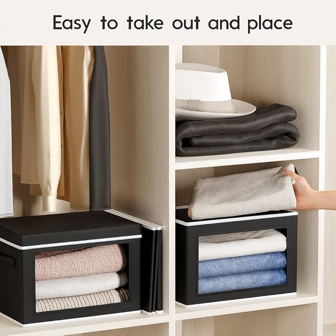 Collapsible Storage Bins with Lids - Stackable Storage Containers with Window, 6 Pack Fabric Organizing Bins for Closet, Home & Office Organization Baskets, Black, 14.9" x 9.8" x 9.8"