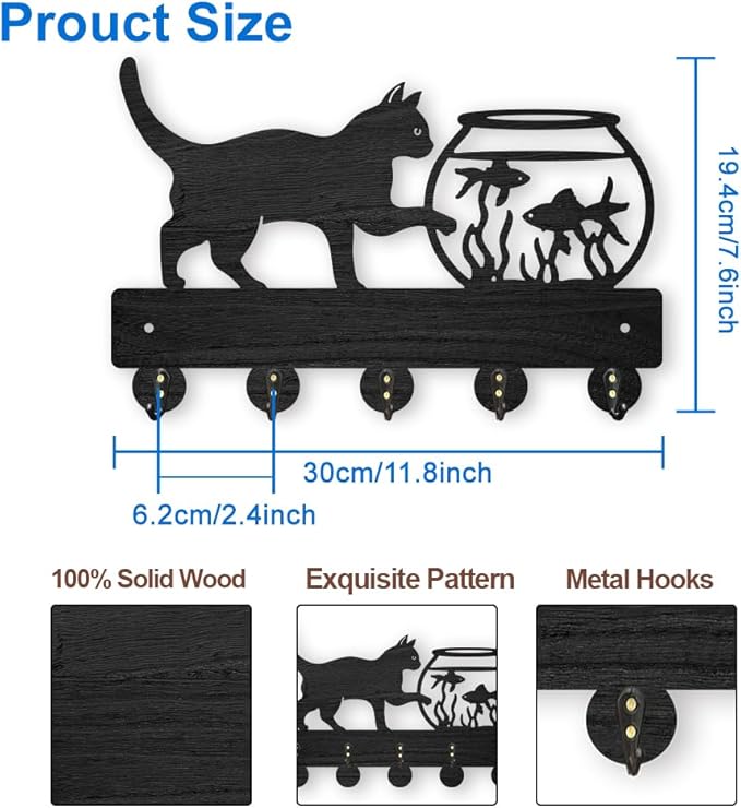 MAYJOYDIY Cat Fish Tank Coat Rack Wall Mount Wood Cat Pet Animal Key Holder for Wall 11.8×7.6inch Cat Goldfish Key Rack 5 Alloy Hooks Wall Hanger Decorative Key Holder for Gift Home Entryway Art Decor