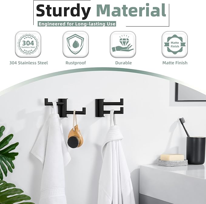 Matte Black Rotating Double Towel Hooks 2 Pack, 304 Stainless Steel Swivel Wall Hooks with 2 Arms, Space Saving Towel Hangers for Bathroom Kitchen