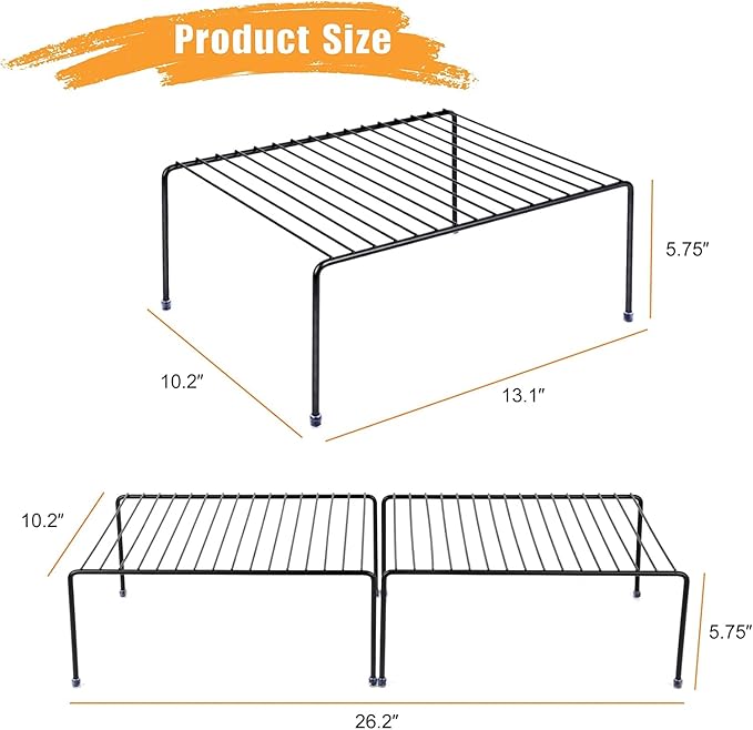 Set of 4 - Kitchen Storage Shelf Rack (13.1 x 10.2 Inch)/Plastic Feet - Medium - Steel Metal - Rust Resistant Finish - Cups, Dishes, Cabinet & Pantry Organization - Kitchen (Black)